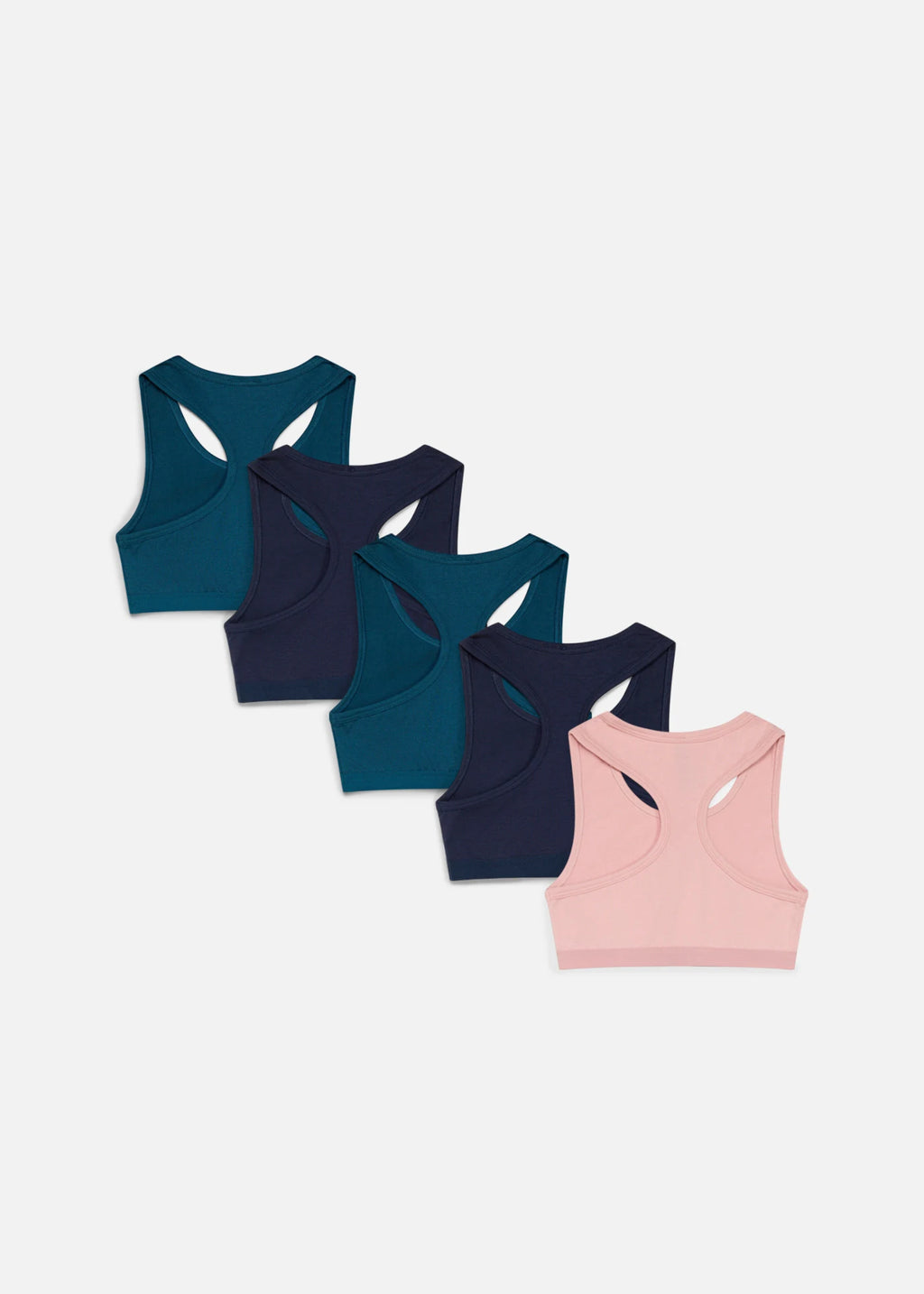 Girls' Soft Stretch Cotton Crop Bras, Pack of 5 in Ash Pink, Teal and Dark Blue, view 2