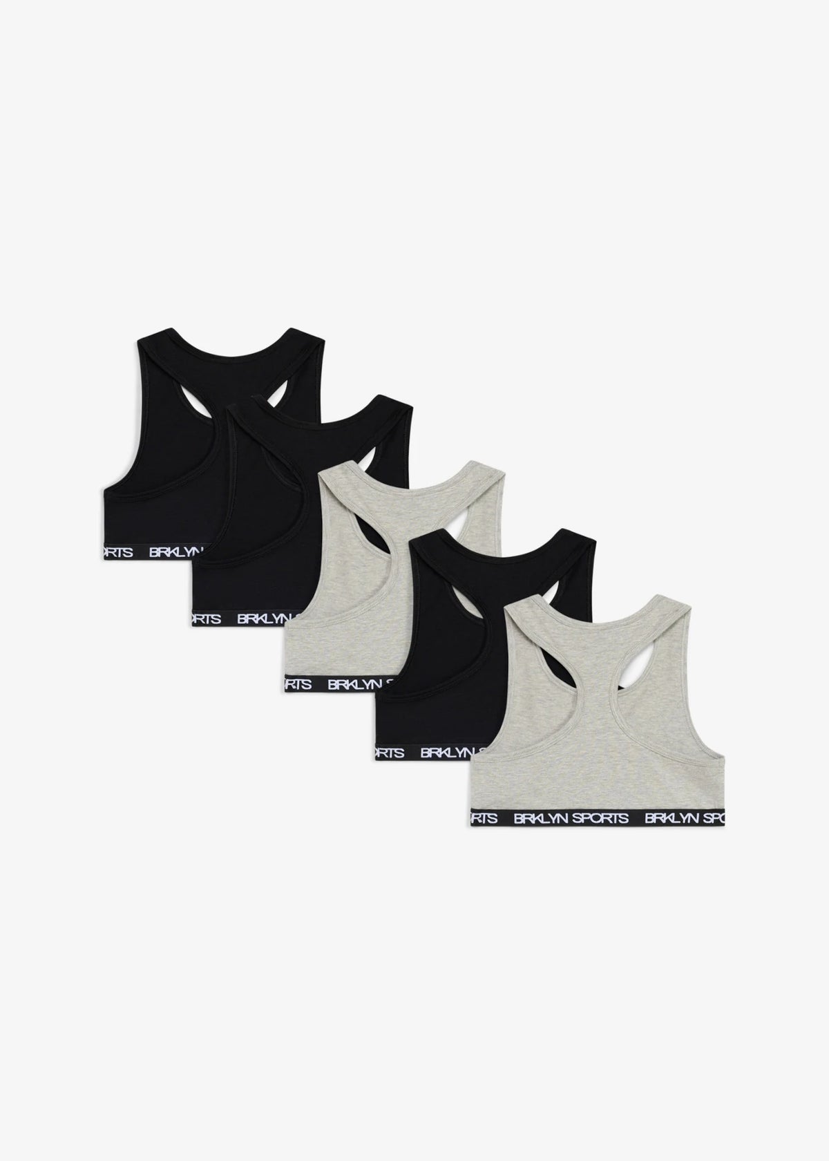 Girls' Stretch Cotton Crop Bras, Pack of 5 in Light Heather Gray and Black, view 2