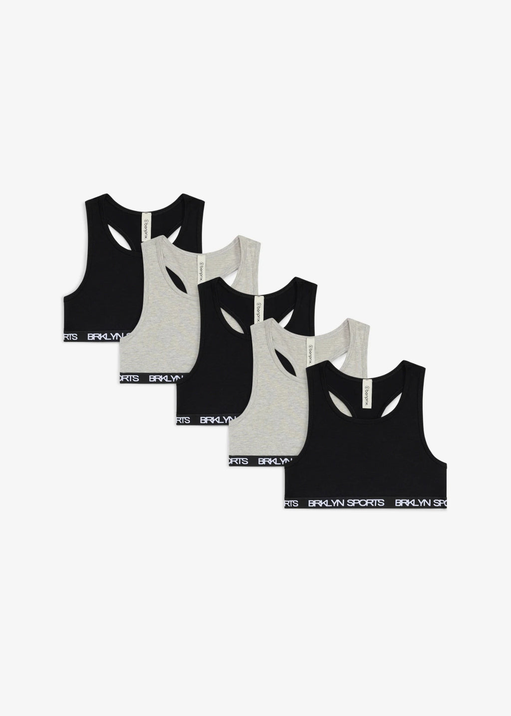 Girls' Stretch Cotton Crop Bras, Pack of 5 in Light Heather Gray and Black, view 1