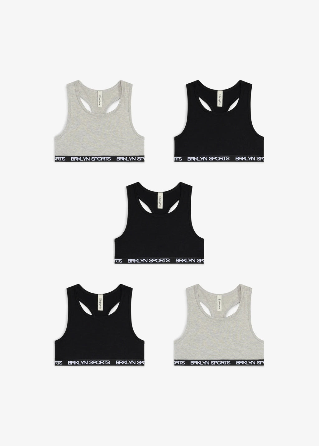 Girls' Stretch Cotton Crop Bras, Pack of 5 in Light Heather Gray and Black, view 4