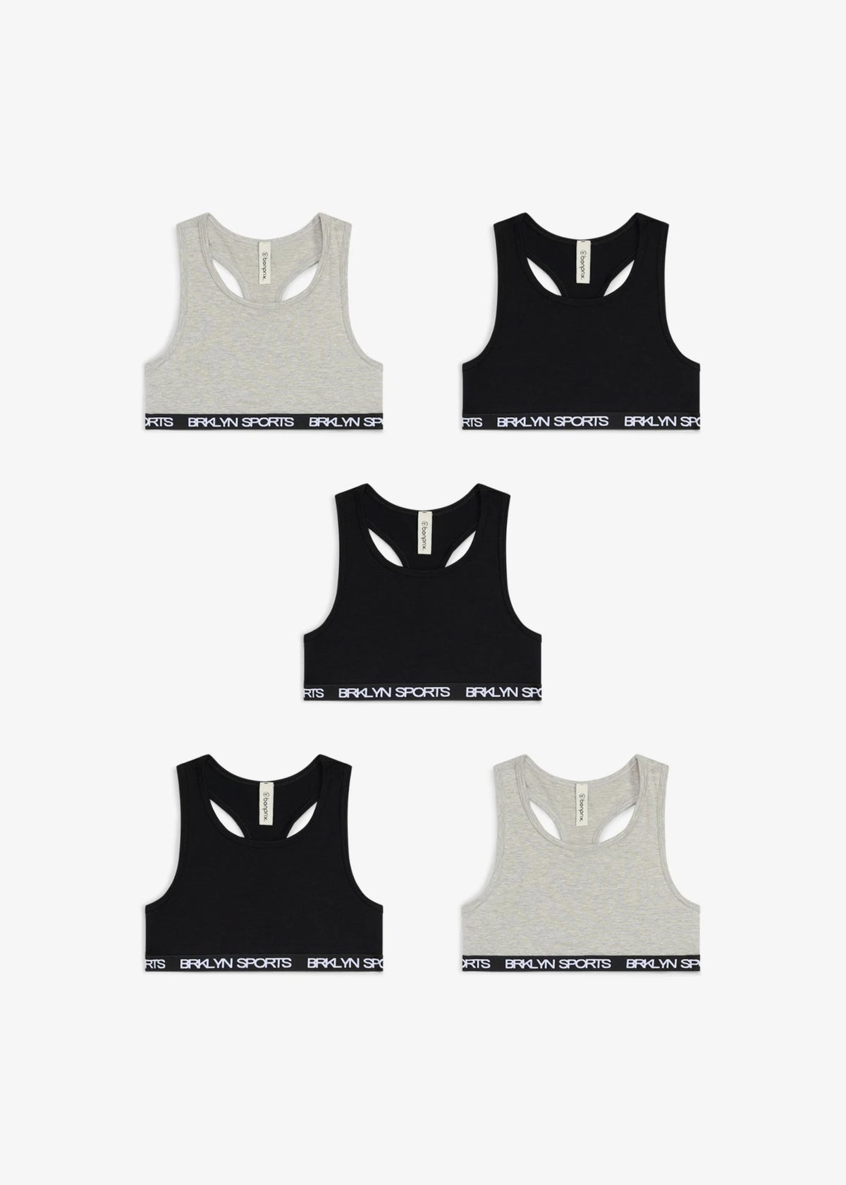 Girls' Stretch Cotton Crop Bras, Pack of 5 in Light Heather Gray and Black, view 4