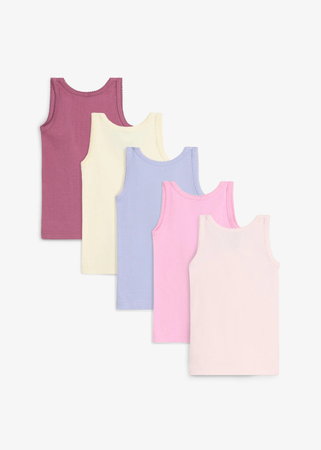 Girls' Cotton Camisoles, Pack of 5 in Cream, Light Lavender and Pink, view 2
