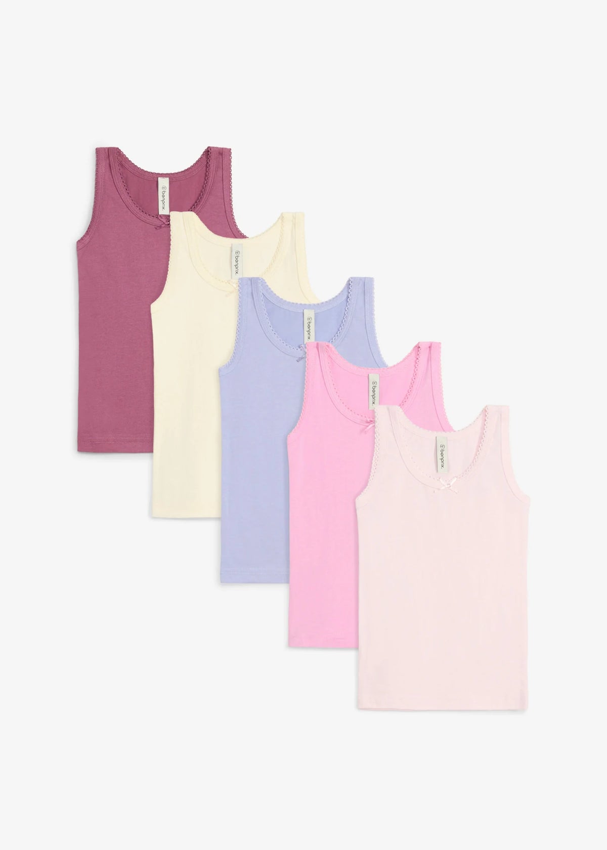 Girls' Cotton Camisoles, Pack of 5 in Cream, Light Lavender and Pink, view 1