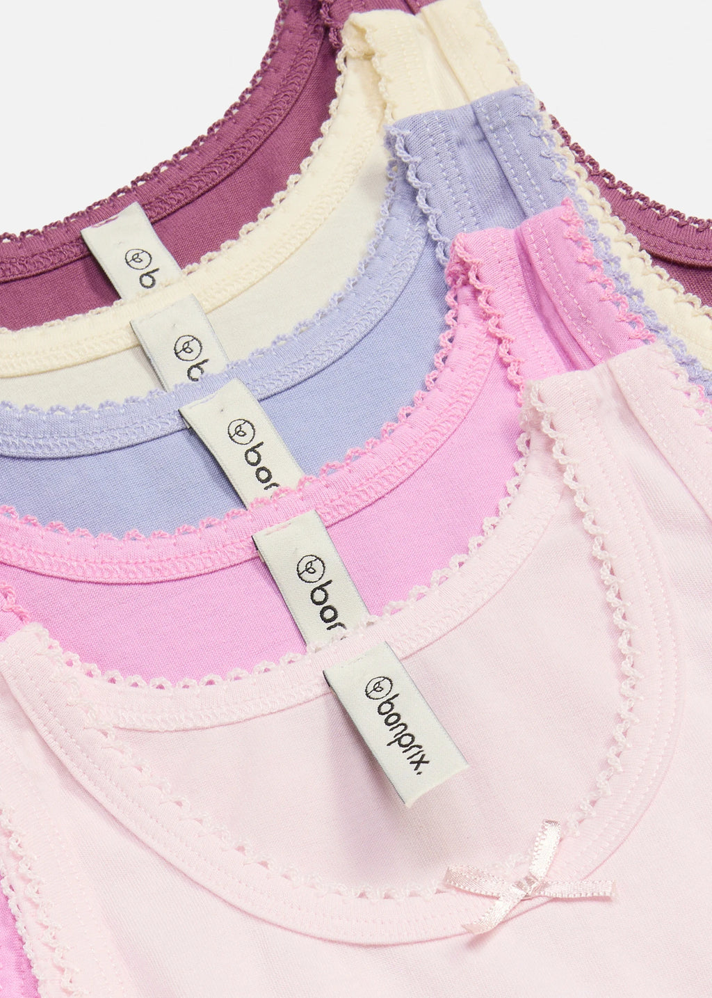 Girls' Cotton Camisoles, Pack of 5 in Cream, Light Lavender and Pink, view 3
