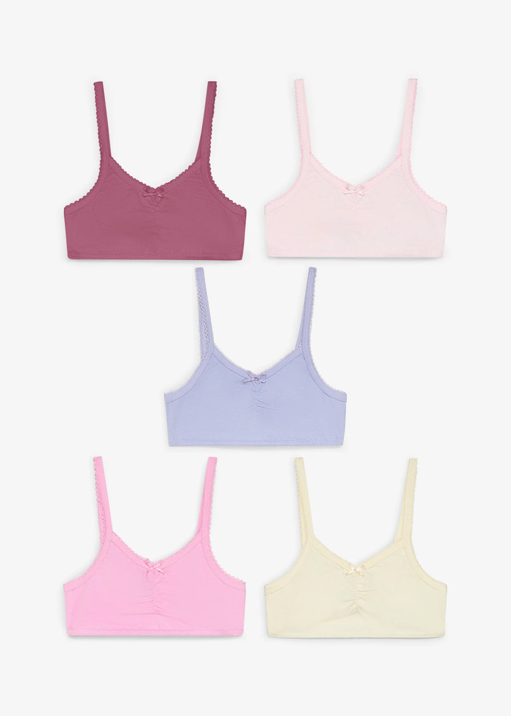 Girls' Cotton Crop Bras, Pack of 5 in Cream, Light Lavender and Pink, view 4