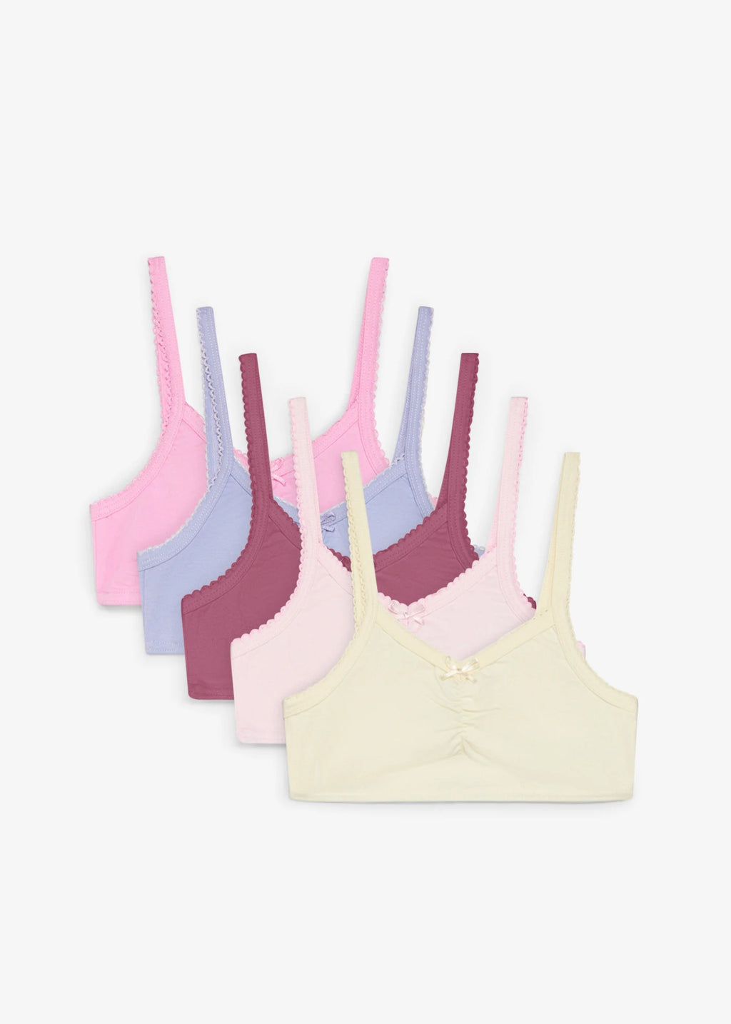 Girls' Cotton Crop Bras, Pack of 5 in Cream, Light Lavender and Pink, view 1