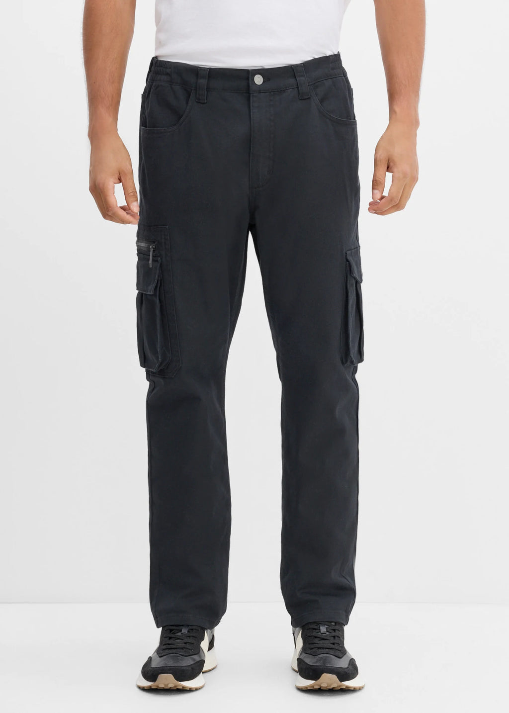 Men's Classic Straight Stretch Cargo Pants with Elastic Waist in Black, view 3
