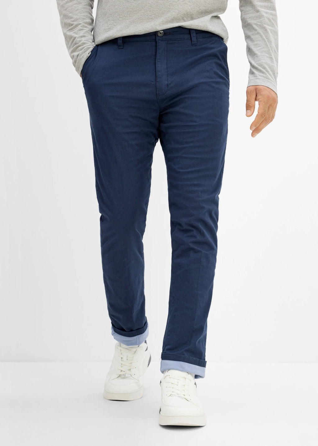 Men's Warm-Lined Straight Chinos with Adjustable Waist in Dark Blue and Muted Blue, view 3