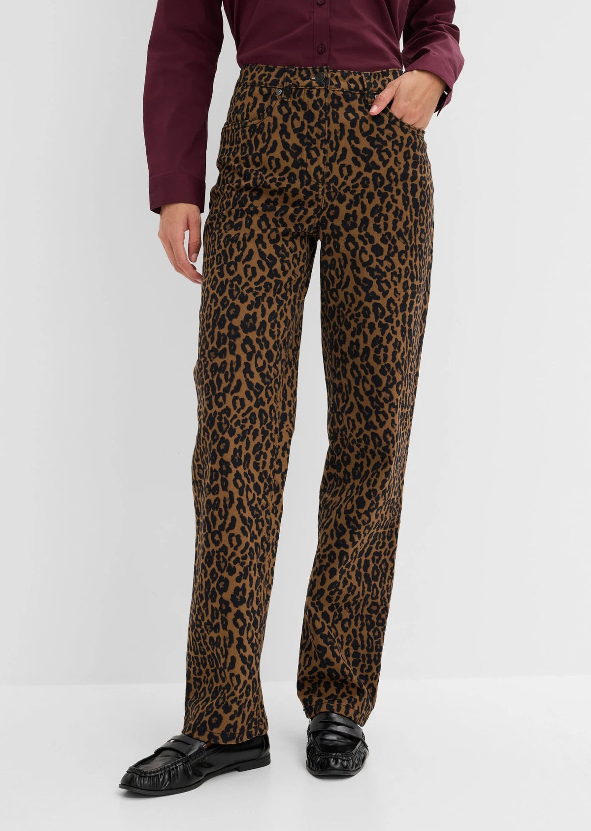 Women's Stretch Cotton Pants in Toffee and Black Leopard, view 3