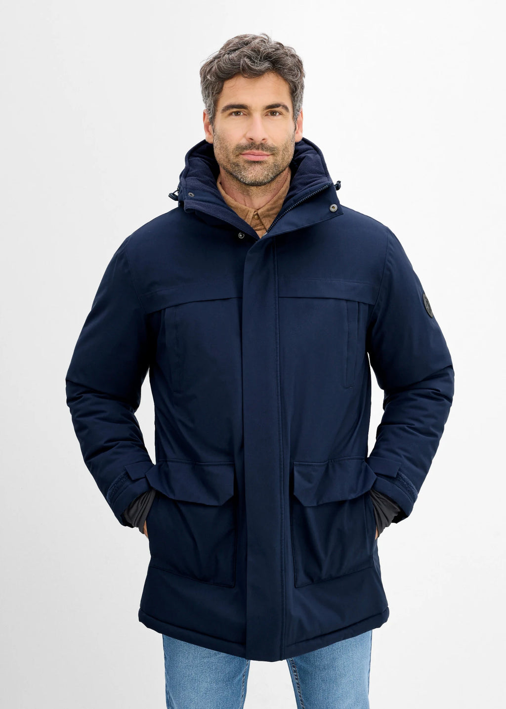 Men's Warm Waterproof Parka with Detachable Hood in Dark Blue, view 3