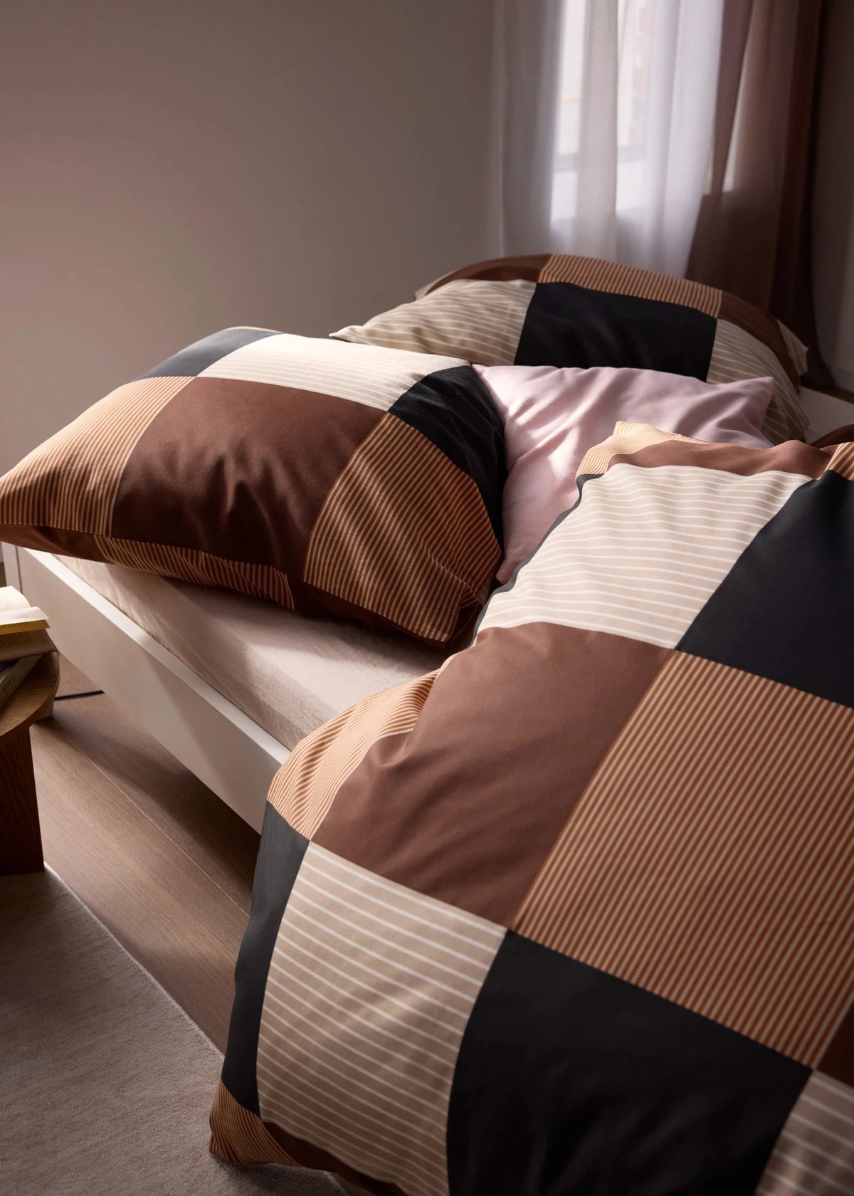 Cotton Blend Checked Bedding Set in Brown, Beige and Black Check, view 2