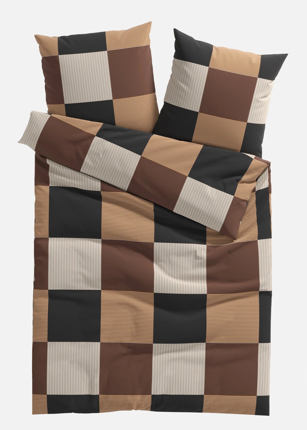 Cotton Blend Checked Bedding Set in Brown, Beige and Black Check, view 1