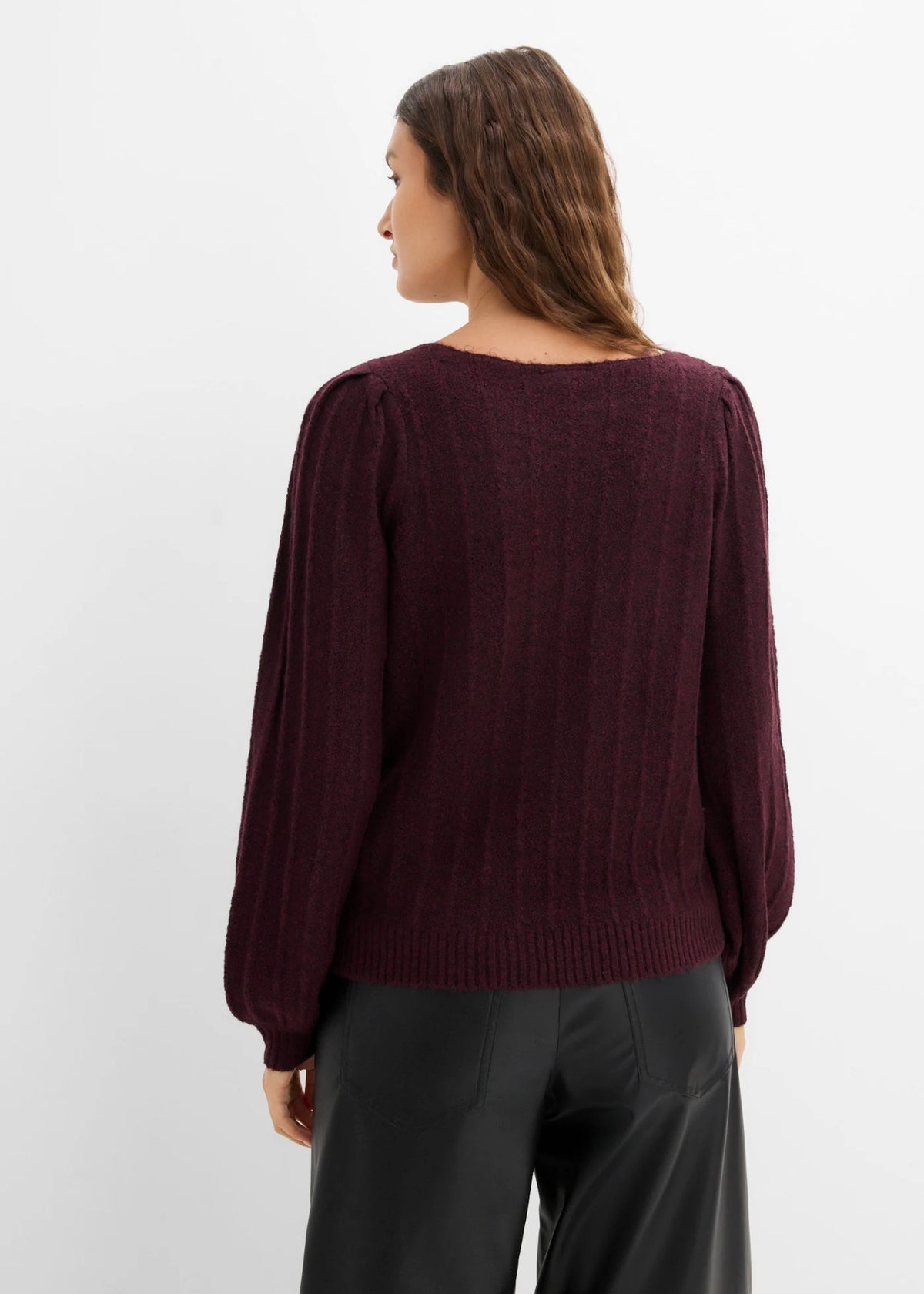 Women's Puff Sleeve Knit Sweater in Heather Burgundy, view 4
