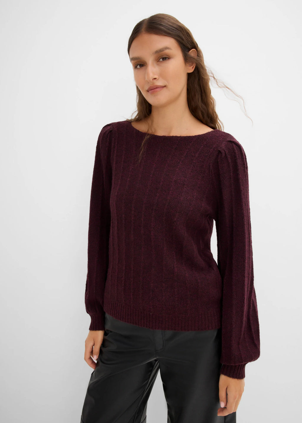Women's Puff Sleeve Knit Sweater in Heather Burgundy, view 3
