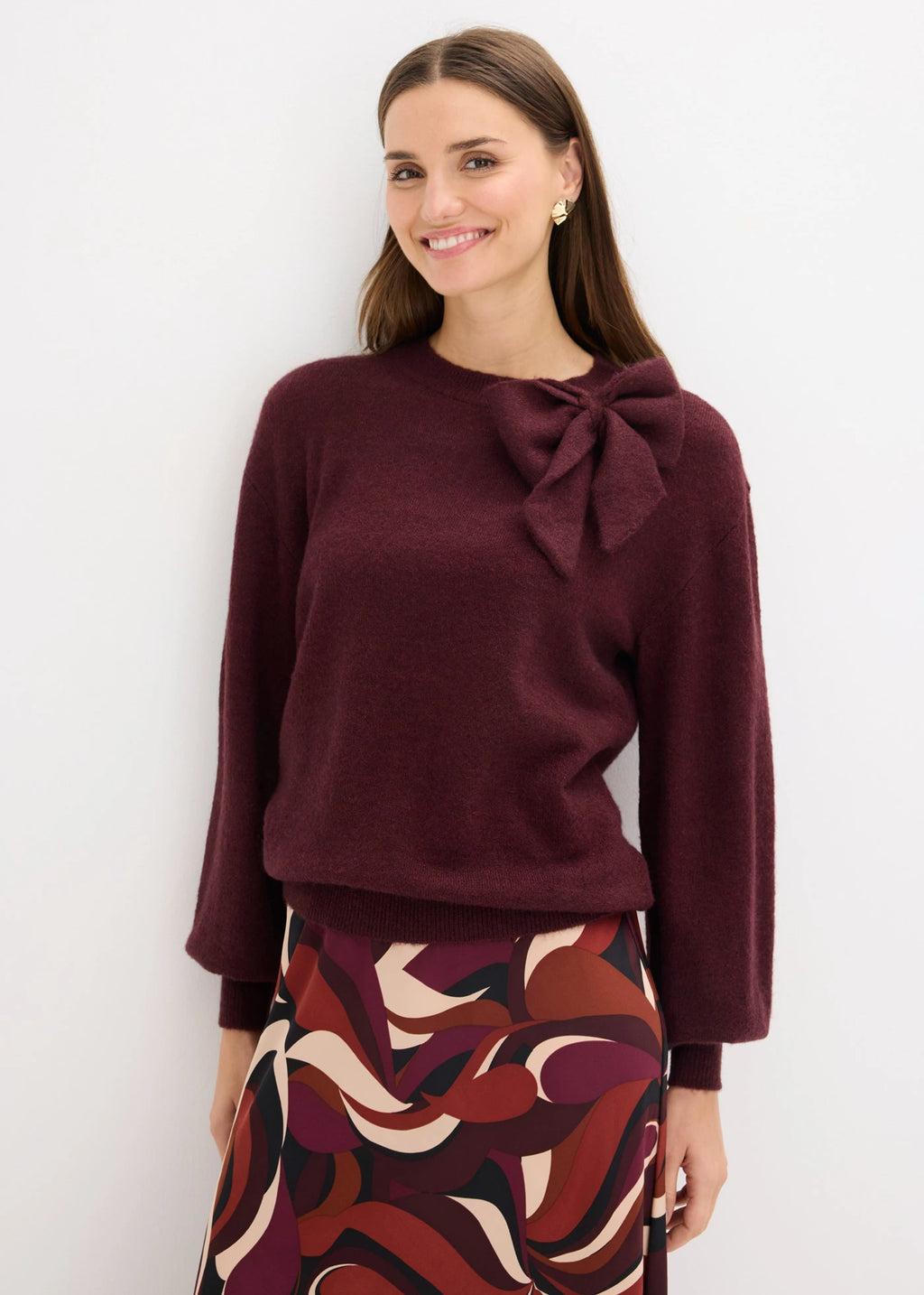 Women's Bow Applique Sweater in Heather Burgundy, view 2