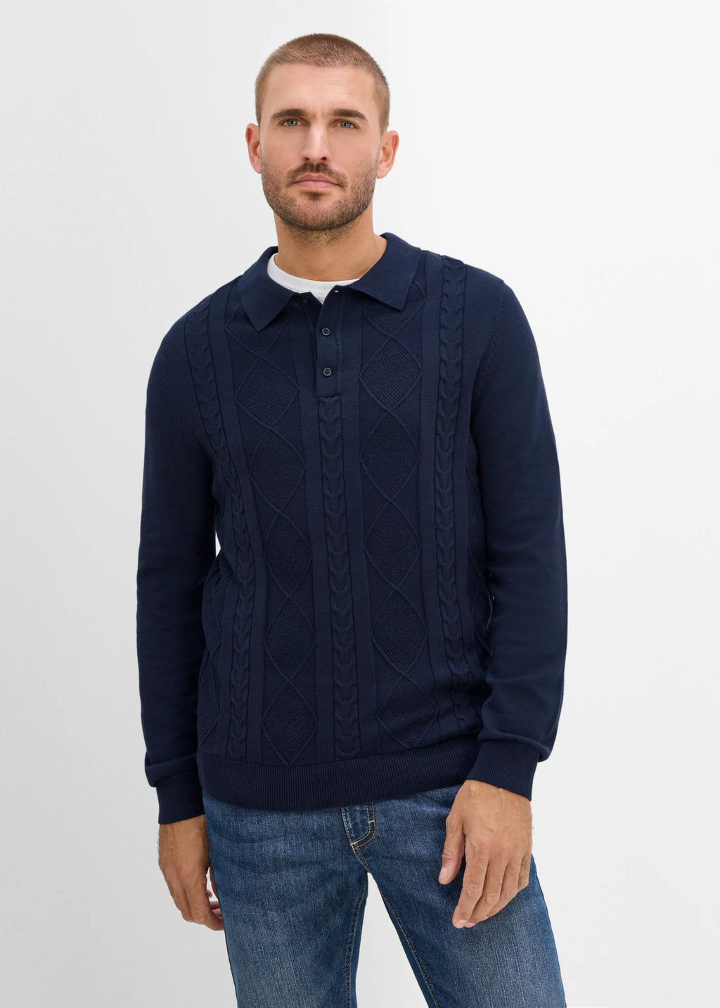 Men's Pure Cotton Polo Sweater in Dark Blue, view 2