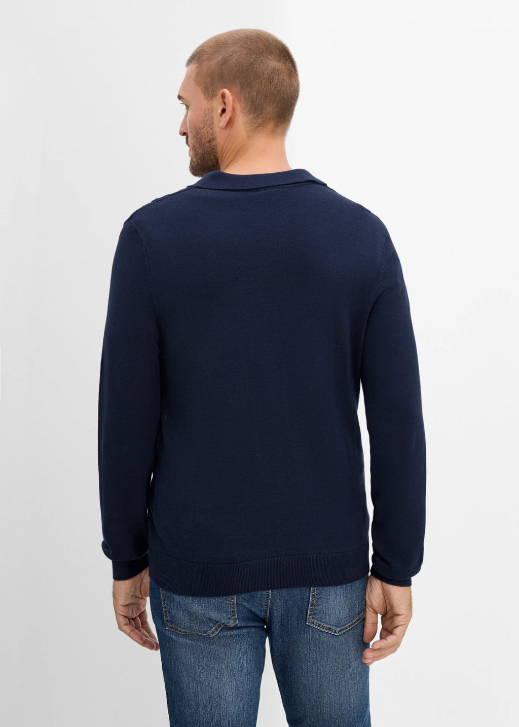 Men's Pure Cotton Polo Sweater in Dark Blue, view 3