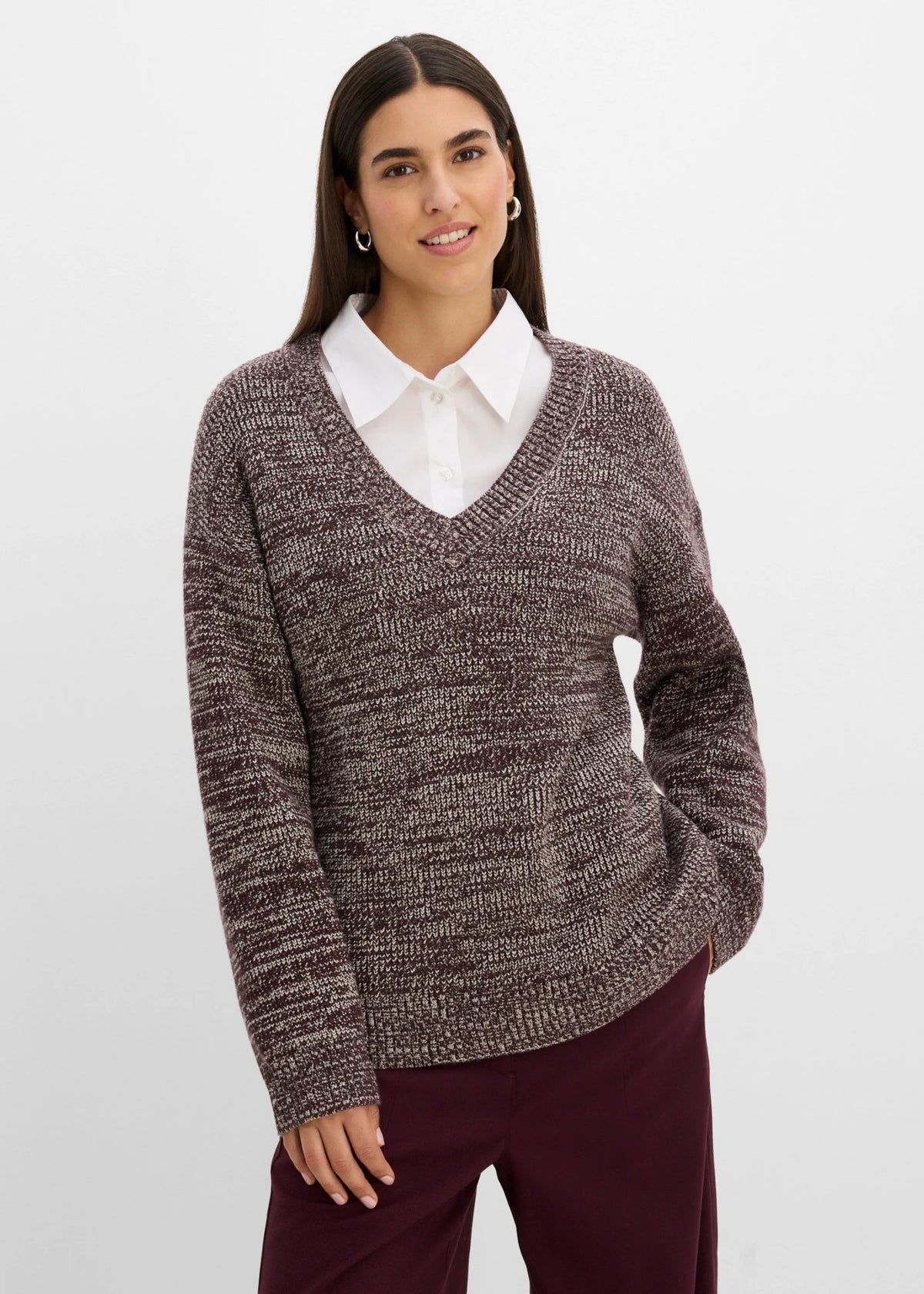 Women's Soft Sweater in Heather Brown, Burgundy and Beige, view 3