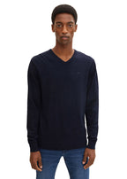 Men's Tom Tailor Pure Cotton Fine Knit Sweater in Dark Heather Blue, view 3