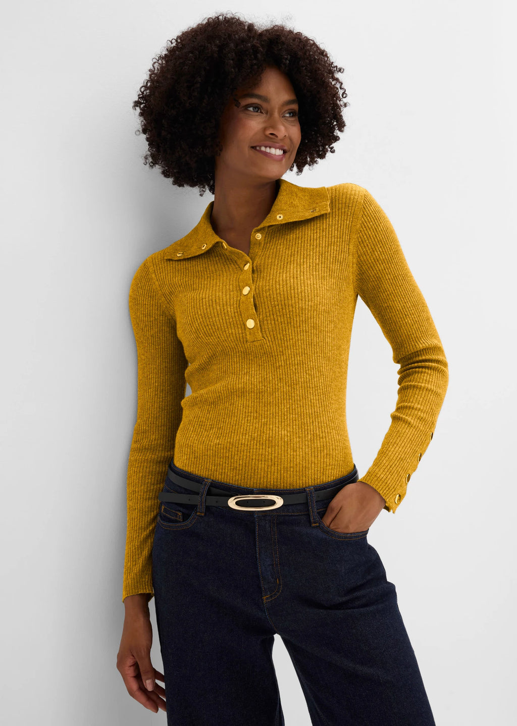 Women's Polo Sweater in Golden Ochre, view 3