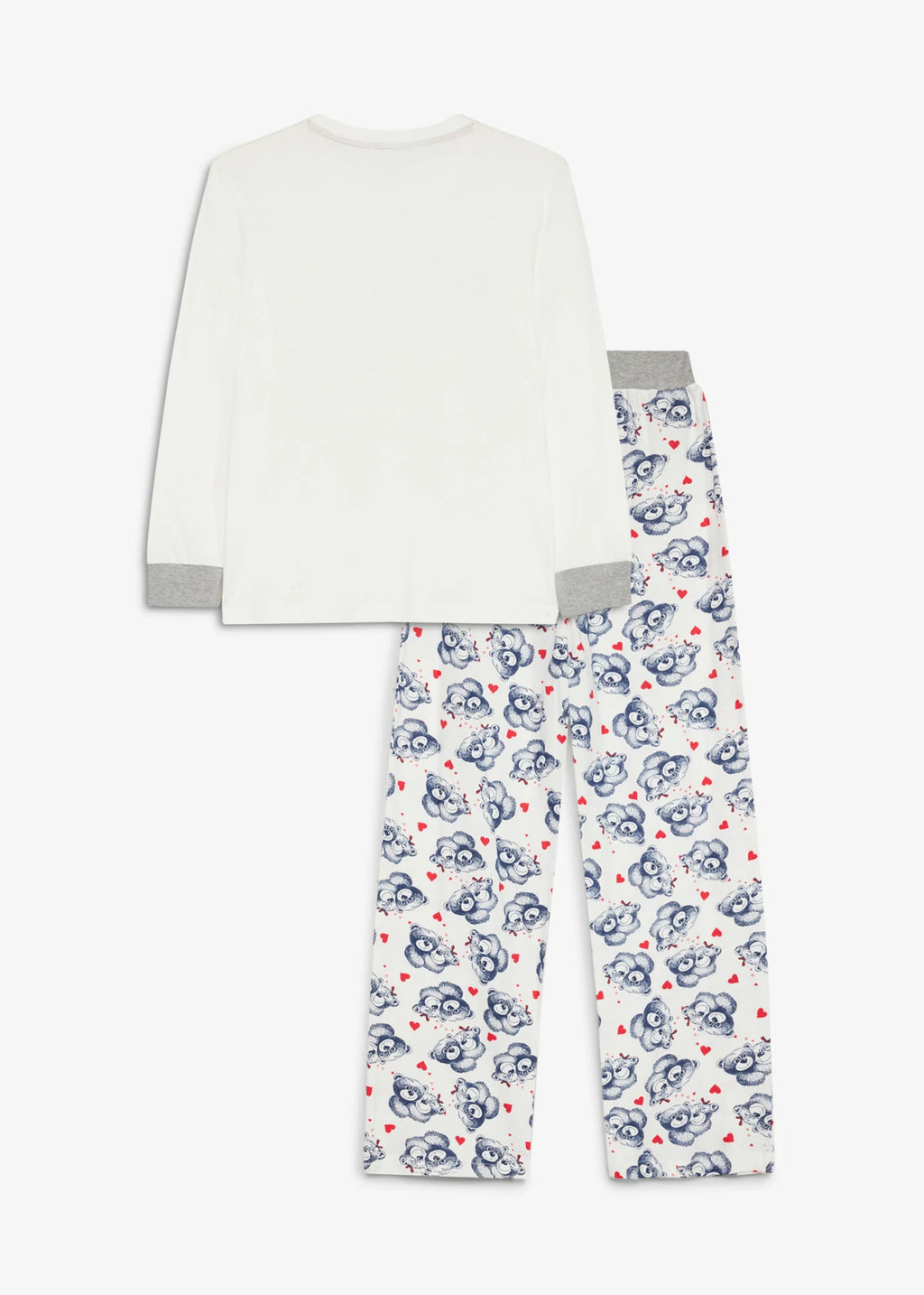 Girls' Pure Cotton Pajamas with Flannel Applique, 2-Piece Set in Ecru and Dark Blue Print, view 2