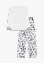 Girls' Pure Cotton Pajamas with Flannel Applique, 2-Piece Set in Ecru and Dark Blue Print, view 2