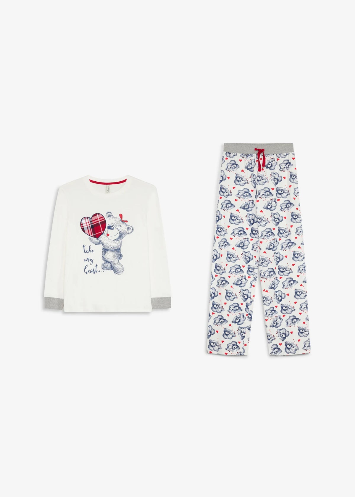 Girls' Pure Cotton Pajamas with Flannel Applique, 2-Piece Set in Ecru and Dark Blue Print, view 4
