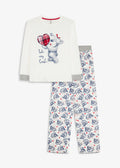 Girls' Pure Cotton Pajamas with Flannel Applique, 2-Piece Set in Ecru and Dark Blue Print, view 1
