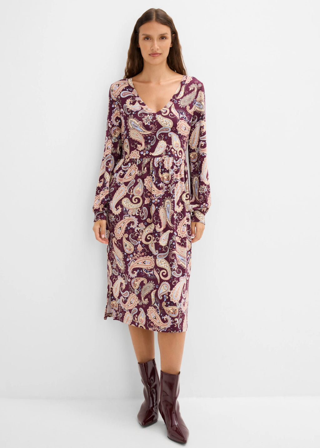 Women's Soft Viscose Jersey Dress in Burgundy Paisley, view 3