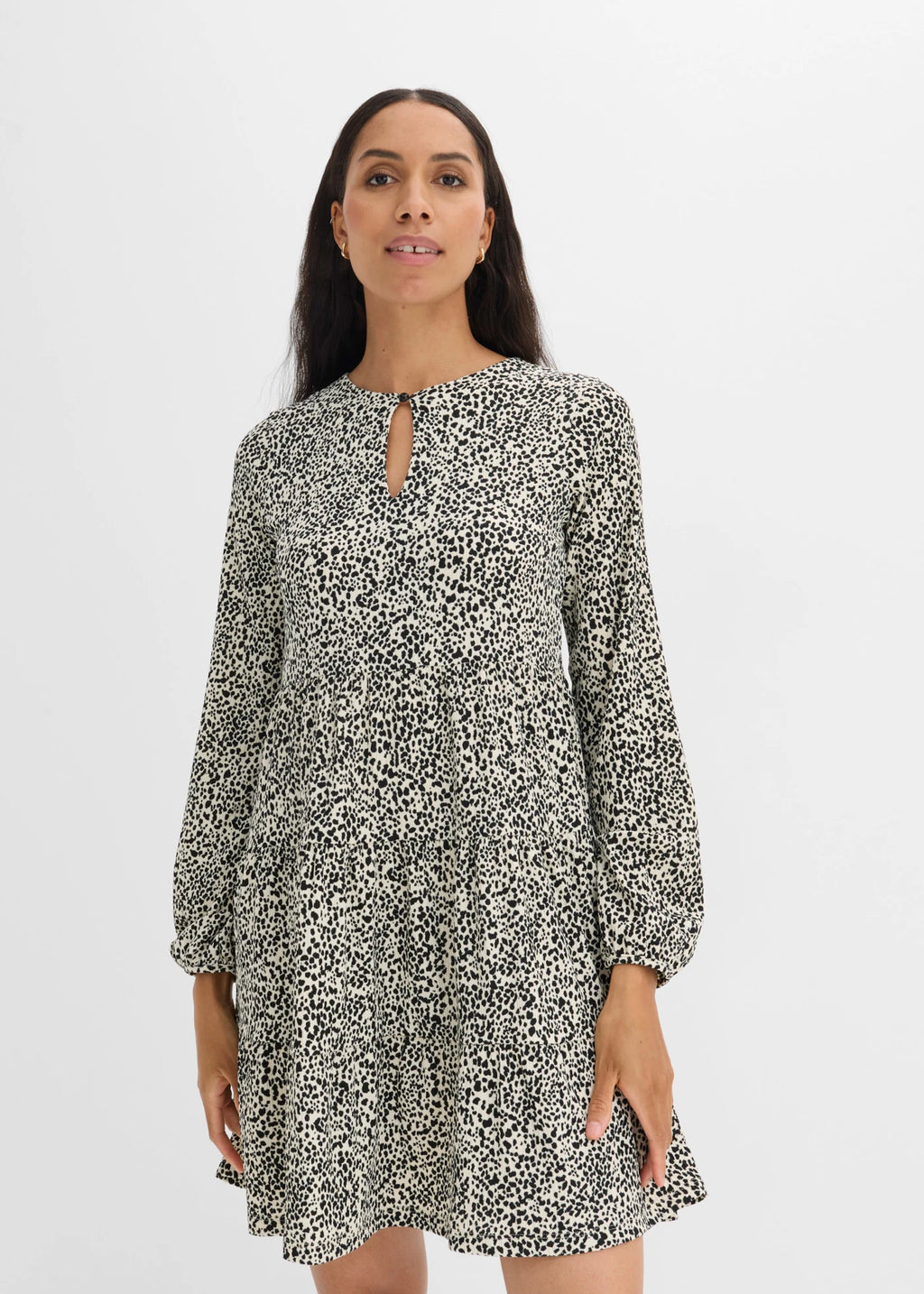 Women's Long Sleeve Jersey Dress in Ecru with Black Polka Dots, view 3