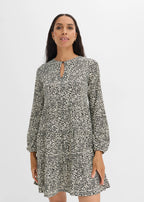 Women's Long Sleeve Jersey Dress in Ecru with Black Polka Dots, view 3