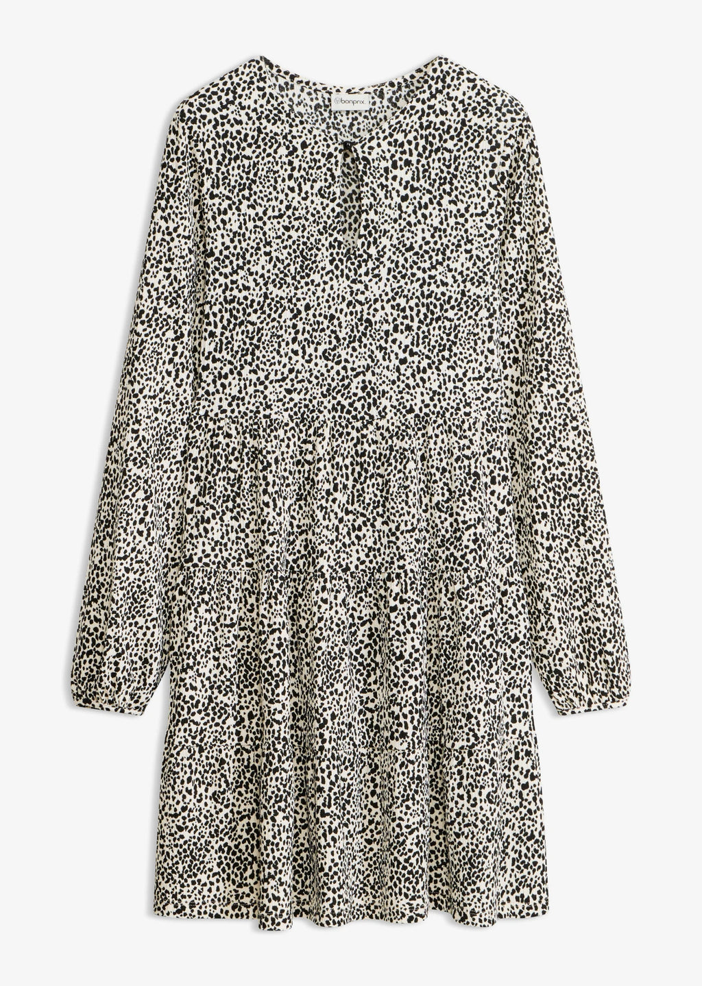 Women's Long Sleeve Jersey Dress in Ecru with Black Polka Dots, view 1