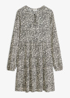 Women's Long Sleeve Jersey Dress in Ecru with Black Polka Dots, view 1