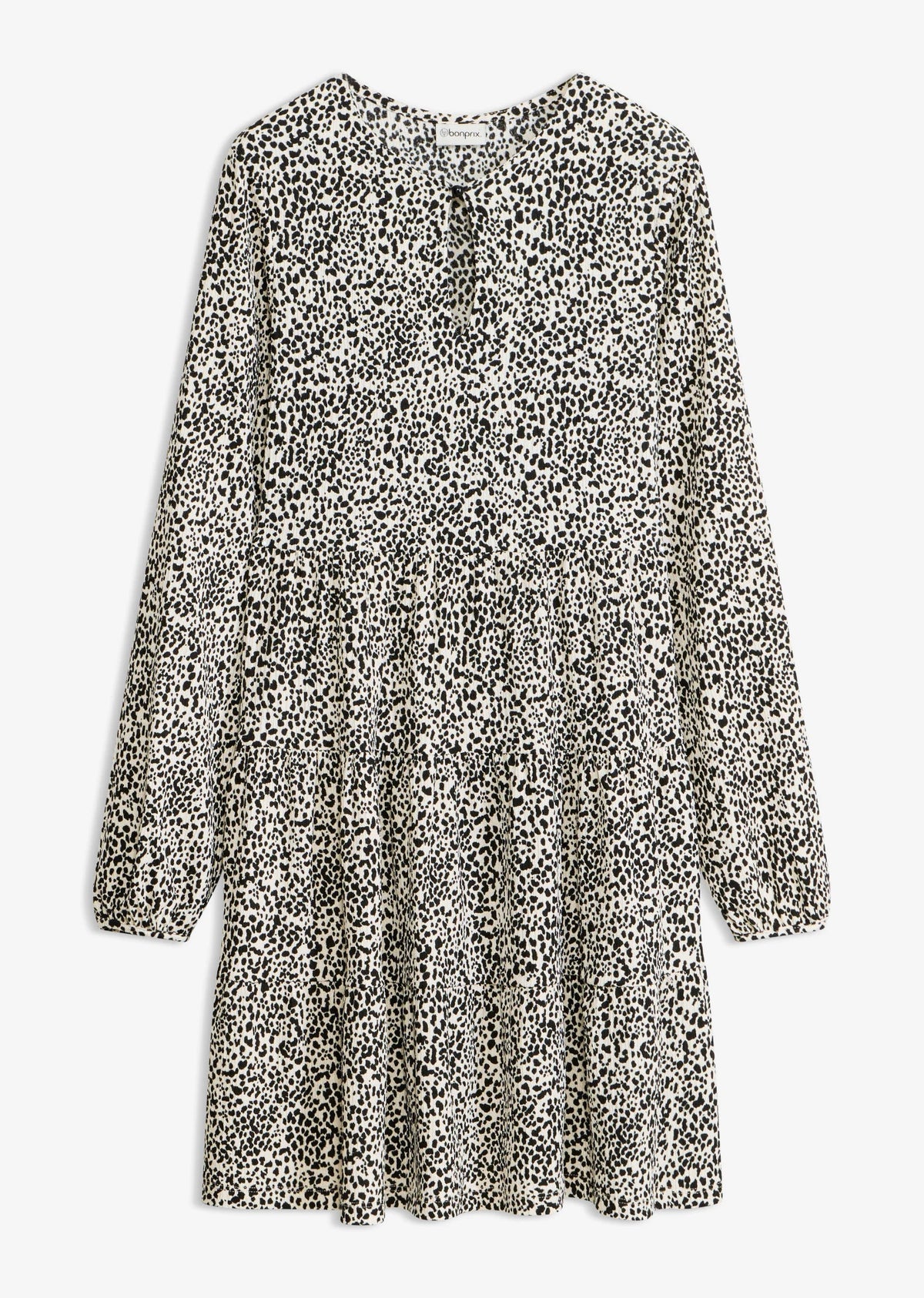 Women's Long Sleeve Jersey Dress in Ecru with Black Polka Dots, view 1