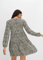 Women's Long Sleeve Jersey Dress in Ecru with Black Polka Dots, view 4