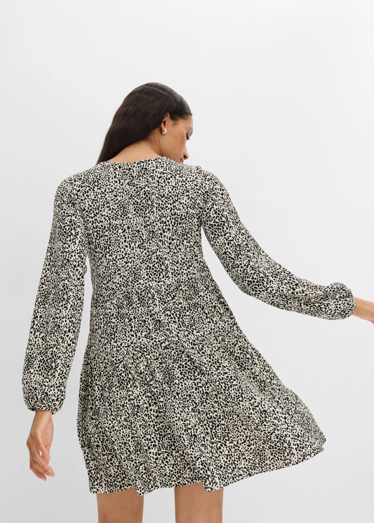 Women's Long Sleeve Jersey Dress in Ecru with Black Polka Dots, view 4