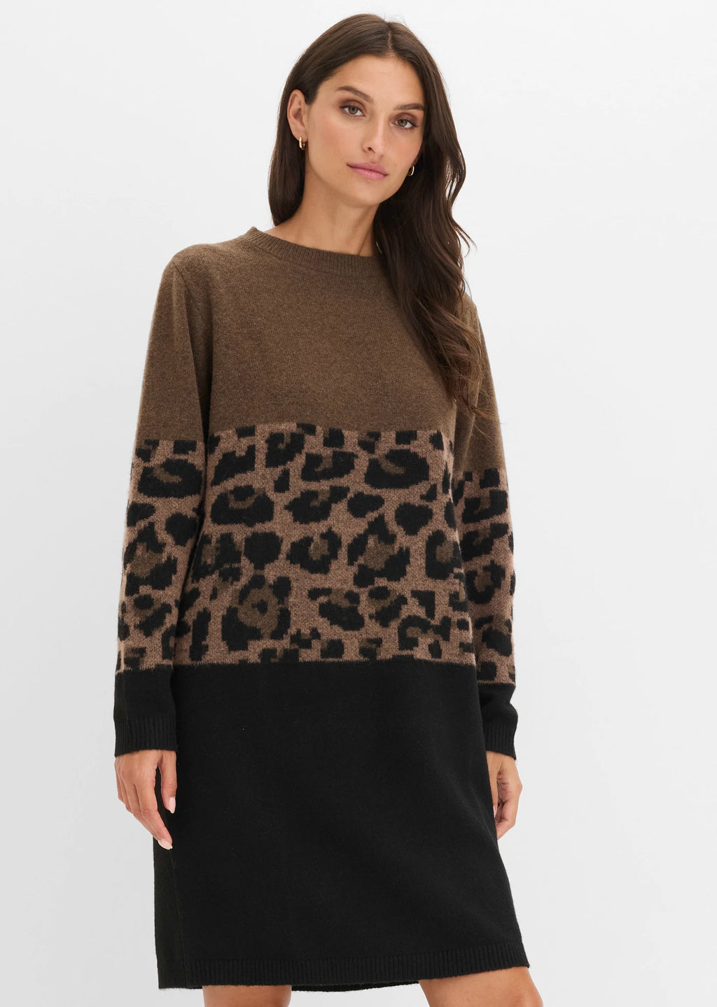 Women's Jacquard Knit Dress in Black and Brown Leopard, view 3