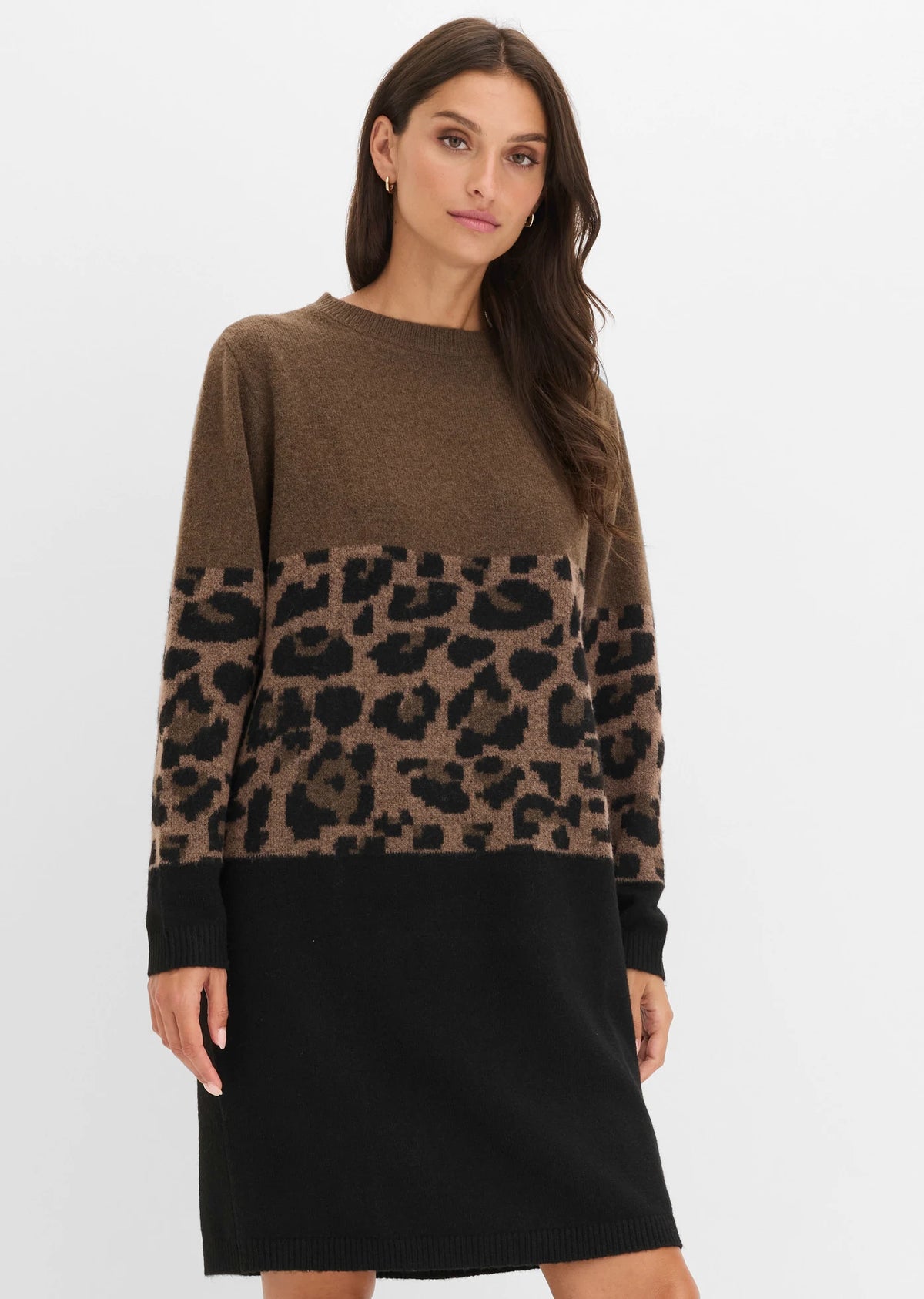 Women's Jacquard Knit Dress in Black and Brown Leopard, view 3