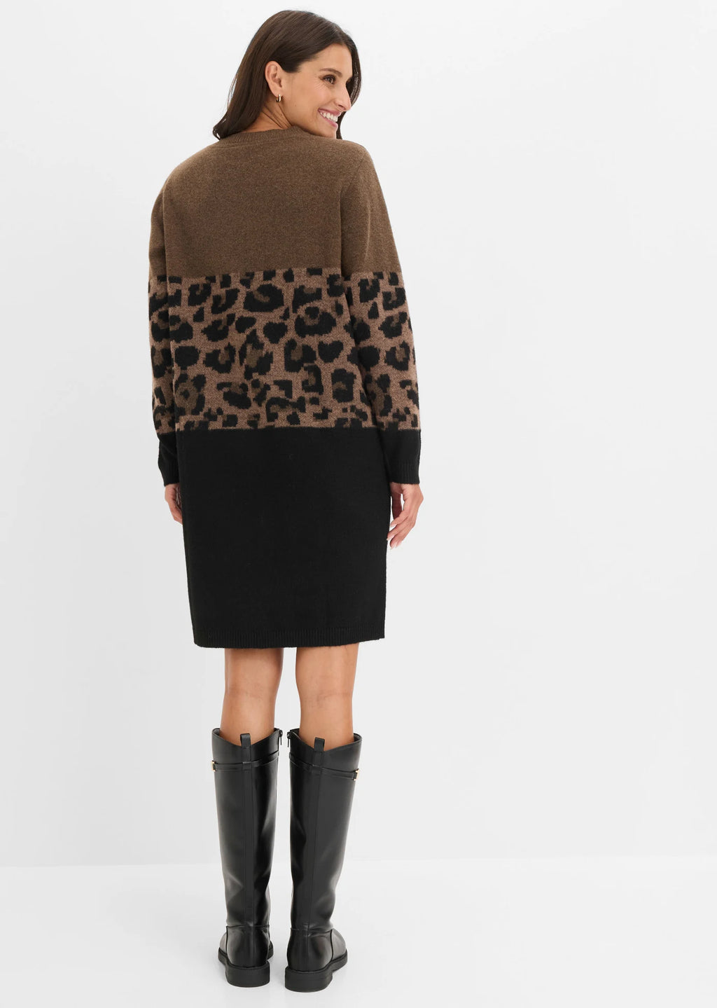Women's Jacquard Knit Dress in Black and Brown Leopard, view 4