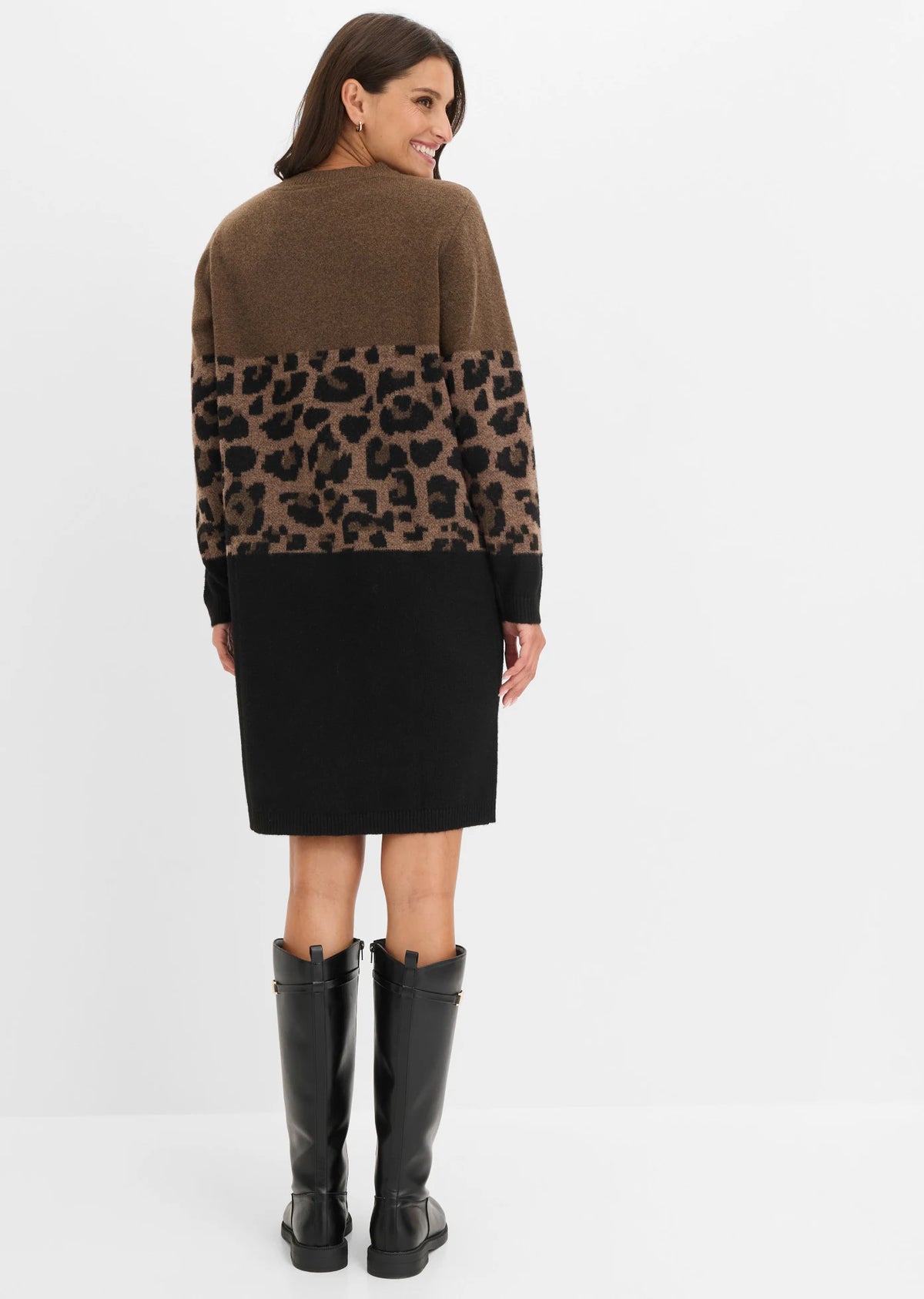 Women's Jacquard Knit Dress in Black and Brown Leopard, view 4