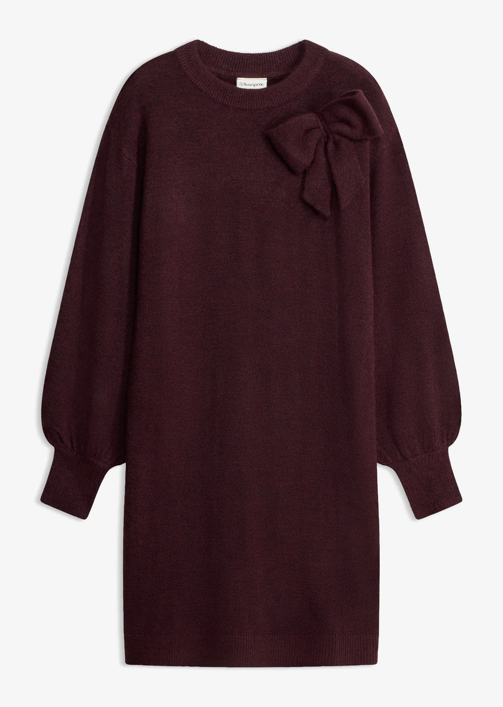 Women's Knitted Dress with Bow Applique in Heather Burgundy, view 1
