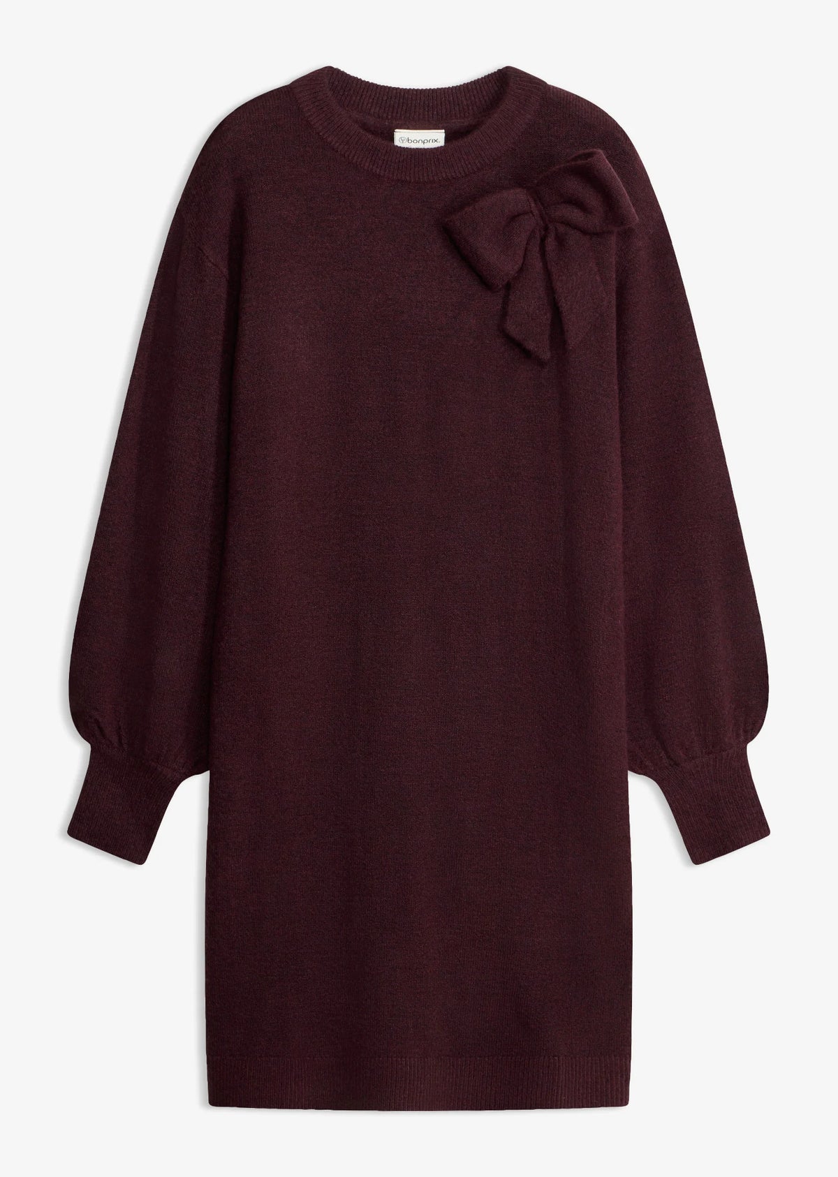 Women's Knitted Dress with Bow Applique in Heather Burgundy, view 1