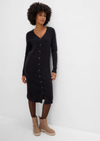 Women's Knitted Dress with Button Placket in Black, view 3