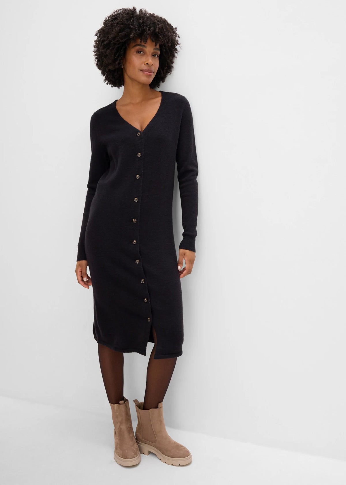 Women's Knitted Dress with Button Placket in Black, view 3