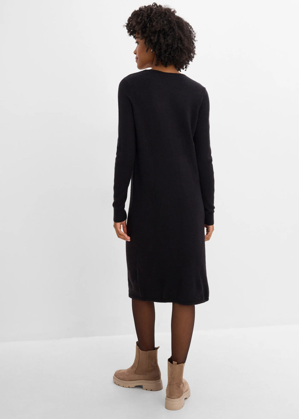 Women's Knitted Dress with Button Placket in Black, view 4