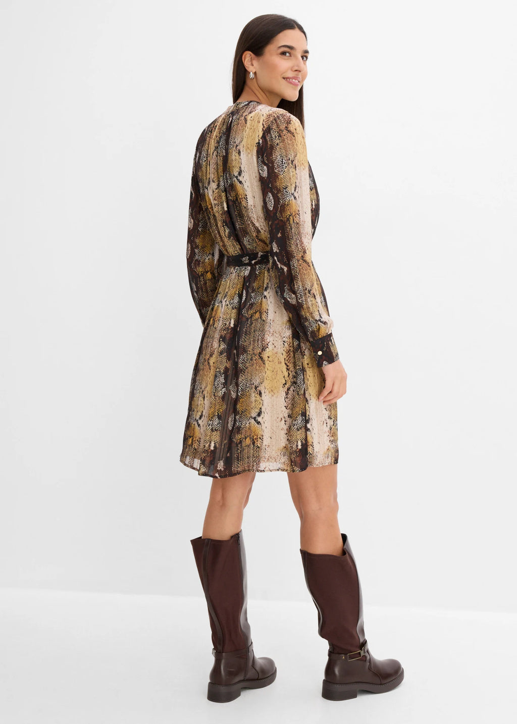 Women's Chiffon Dress with Metallic Threads in Black Python Print, view 4