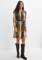 Women's Chiffon Dress with Metallic Threads in Black Python Print, view 3