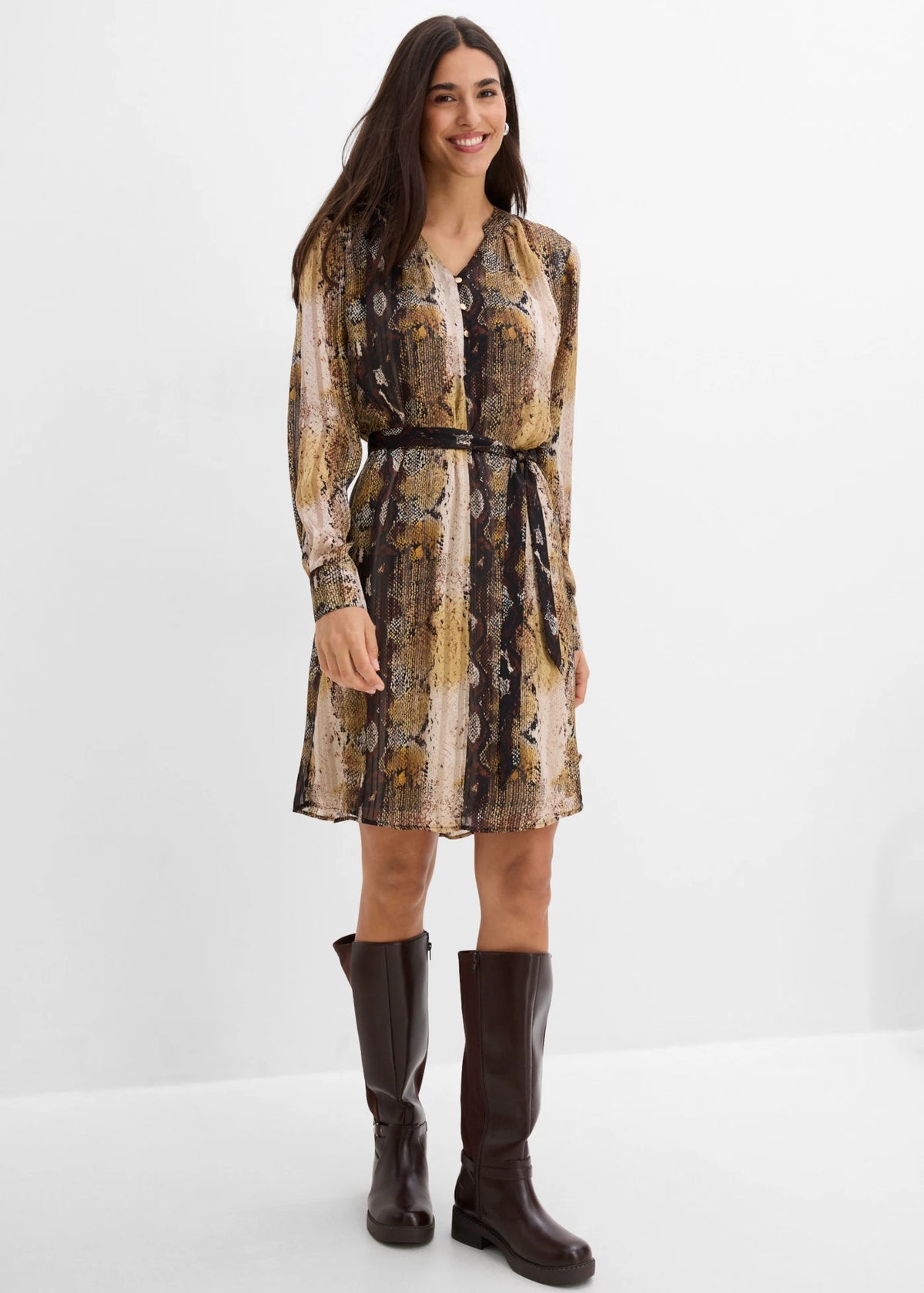 Women's Chiffon Dress with Metallic Threads in Black Python Print, view 3