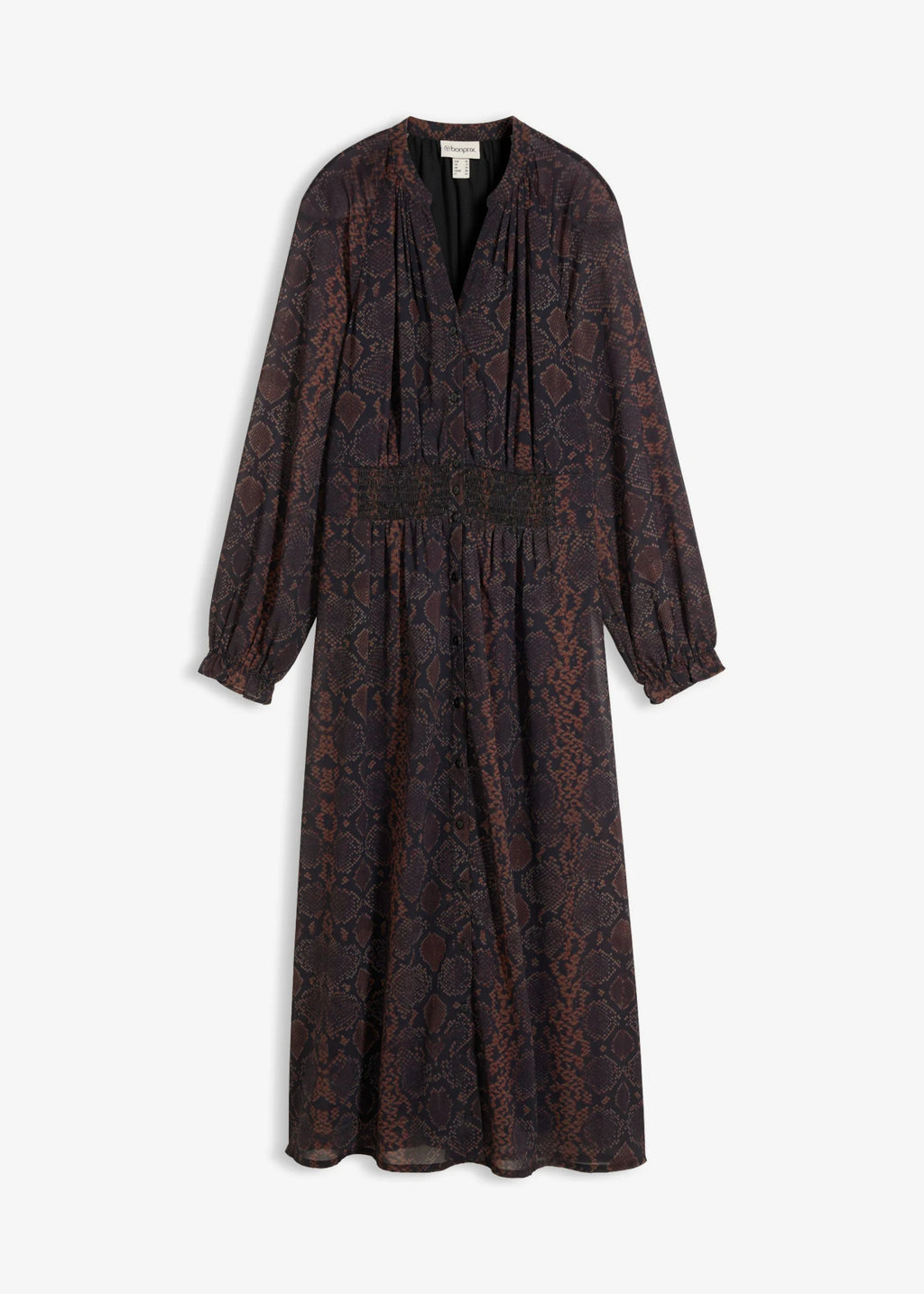Women's Chiffon Dress with Ruffle Sleeves in Dark Brown Python Print, view 1