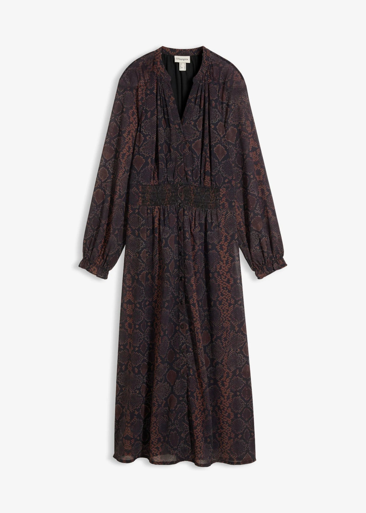 Women's Chiffon Dress with Ruffle Sleeves in Dark Brown Python Print, view 1